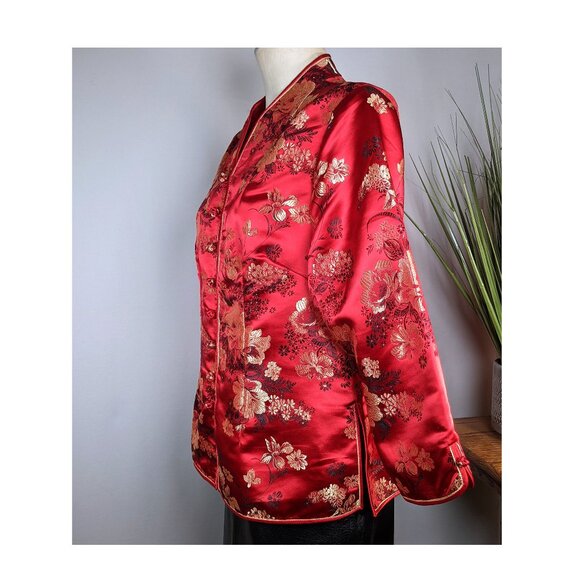 Satin Chinese Mandarin Top Long Sleeves XXL Embroidered Ruby Red Vintage - Picture 3 of 10